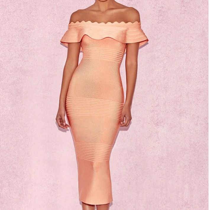 House Of Cb London Elegant Off-Shoulder Peach Bandage Fitted Dress
